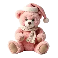 a pink teddy bear with a santa hat and scarf on