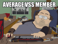 a cartoon of a man sitting at a desk with the words average vss member