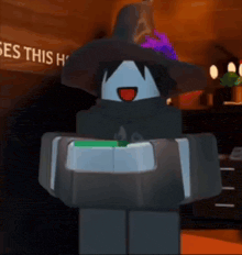 a cartoon character wearing a witch hat is standing in front of a sign that says this home .
