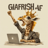 a giraffe with a crown on its head is sitting at a desk with an apple laptop and a book