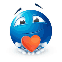 a blue smiley face is holding a red heart in front of it .