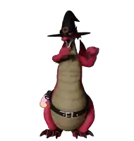 a red dragon wearing a black witch hat