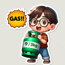 a boy with glasses is holding a green cylinder that says 9 / 3kg on it