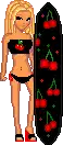 a pixel art illustration of a woman in a bikini holding a surfboard with cherries on it .