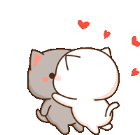 a cartoon of two cats hugging each other with hearts flying around them