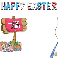 a penguin is holding a basket in front of a sign that says happy easter egg hunt