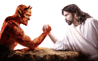 a devil and a jesus arm wrestling on a rock