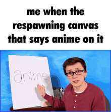 a man with glasses is pointing at a white board that says anime