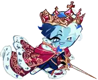 a cartoon character is wearing a crown and cape and holding a sword .