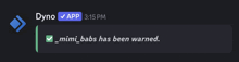 a notification that mimi babs has been warned is displayed on a computer screen