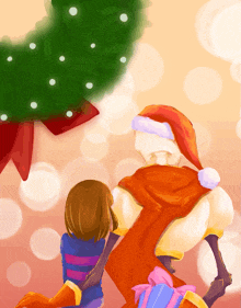 a drawing of papyrus and frisk with a santa hat on