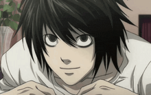 a close up of a cartoon character with black hair and white eyes