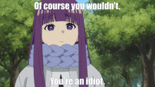 a girl with purple hair and the words of course you wouldn t you 're an idiot