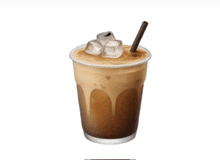 an iced coffee with a straw and ice cubes