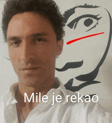 a man in a white shirt stands in front of a drawing of a face and the words mile je rekao