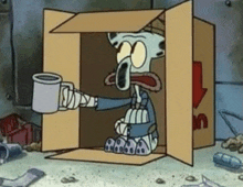 squidward from spongebob squarepants is sitting in a cardboard box and holding a cup of coffee .