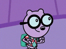 a cartoon character with glasses and a backpack is standing on a purple background .
