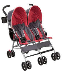 a red and gray double stroller with a cup holder on the handle