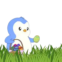 a blue and white penguin is holding an easter basket full of colorful eggs