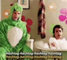 a man in a frog costume sitting next to a woman in a bathtub