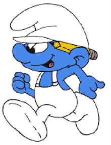 a smurf wearing a white hat and a yellow lightning bolt on his head