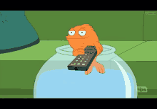 a cartoon fish is holding a remote in a fishbowl