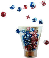 red white and blue dice falling into a cup