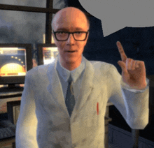 a computer generated image of a man in a lab coat giving a speech bubble