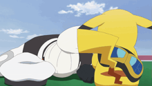a cartoon of a pikachu laying on the ground with a blue sky in the background