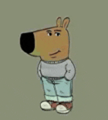 a cartoon bear wearing a sweater and jeans is standing on a gray background .