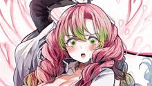 a drawing of a girl with pink hair and green eyes is surrounded by hearts