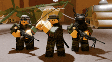 three toy soldiers are standing next to each other in a room with pipes and a sign that says tnt