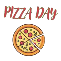 a pizza with a slice taken out of it and the words pizza day behind it