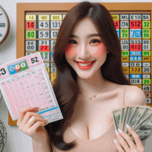 a woman holding a lottery ticket with the number 52