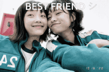 two girls are posing for a picture with the words " best friend " above them