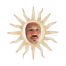 a man with a mustache is reflected in a sun shaped mirror