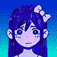 a pixel art drawing of a girl with blue hair and a bow on her head .