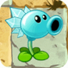 a cartoon character with a blue head and green leaves is sitting on a rock .