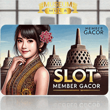 a woman with a flower in her hair is on a slot member gacor poster