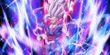 a purple and blue background with a cartoon character in the middle of a purple lightning storm .