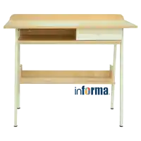 a wooden desk with a drawer and a shelf with the word informa on the bottom