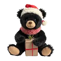 a black teddy bear wearing a santa hat and scarf