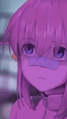 a close up of a pink anime girl with a bandage on her face .