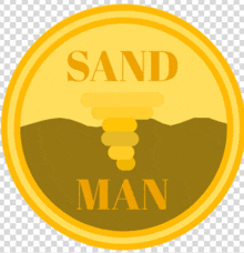 a yellow circle with the words sand man in the center