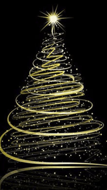 a gold christmas tree on a black background with a star on top .