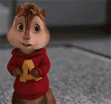 a cartoon chipmunk wearing a red sweater with the letter a on it .