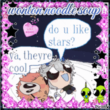 a picture of cartoon characters with a speech bubble that says " do u like stars "