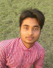 a young man in a red and white plaid shirt is looking at the camera