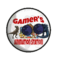 a logo for gamer 's animation station has a t-rex and a godzilla