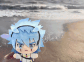 a doll with blue hair and headphones is standing on the beach